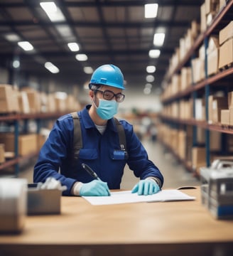 A person in a blue uniform stands in a warehouse aisle, surrounded by shelves filled with yellow plastic bins. The bins are organized and labeled, containing various items, while the industrial lighting provides a bright environment.