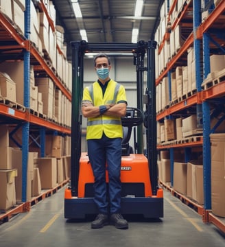 A person in a blue uniform stands in a warehouse aisle, surrounded by shelves filled with yellow plastic bins. The bins are organized and labeled, containing various items, while the industrial lighting provides a bright environment.