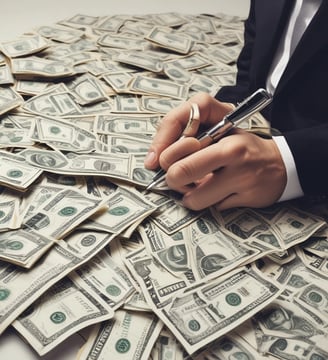 Dos manos sobre un fondo de billetes de dinero escribiendo sobre ellos