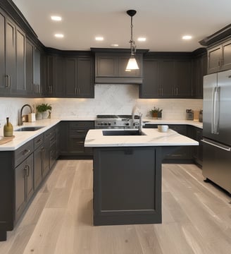 A modern kitchen features a central island with four wooden stools. The cabinetry combines white and natural wood finishes. Black pendant lights hang above the island. The space includes built-in appliances and a large sink. A stairway with a glass railing is visible to the left.