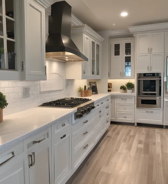 A modern kitchen features a central island with four wooden stools. The cabinetry combines white and natural wood finishes. Black pendant lights hang above the island. The space includes built-in appliances and a large sink. A stairway with a glass railing is visible to the left.