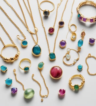 A gold ring adorned with multiple gemstones sits on a flat surface. The stones come in various shapes and colors, including red, blue, green, and clear, set within the band