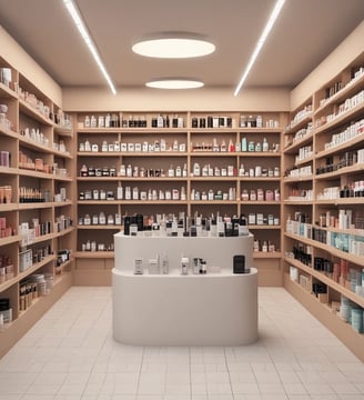 A collection of skincare and beauty products is displayed on a white surface. There are bottles and tubes of various sizes, with labels visible on some of them. A decorative white dish holds a selection of gold jewelry pieces, including earrings and perhaps a necklace. The background includes a framed print and the corner of a magazine stack.