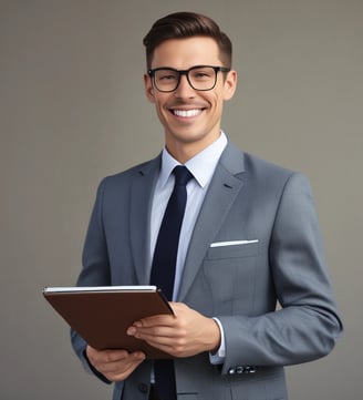 smiling man in suit holding clipboard