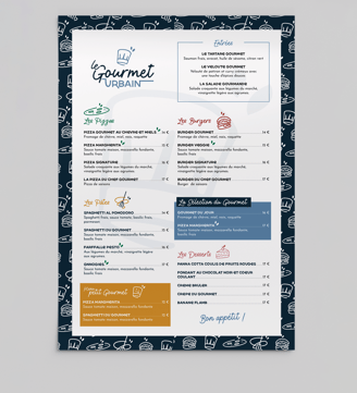 Réalisation : menu restaurant - Le gourmet urbain - Amy Atelier Graphique