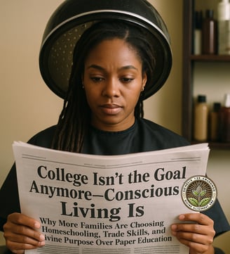 A so-called Black Indigenous woman with long locs sits under a salon hair dryer, calmly reading a newspaper with the headline