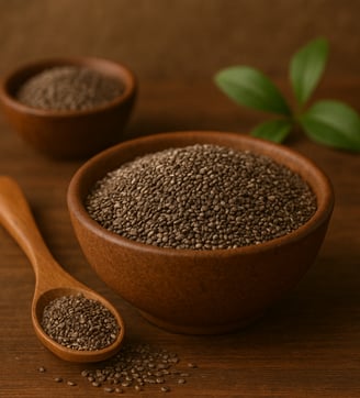 a bowl of chia seeds and a wooden spoon