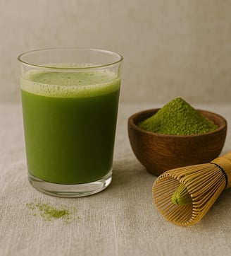 a glass of green tea with matchsticks