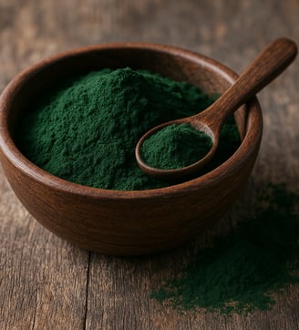 a wooden bowl of spirulina with a wooden spoon