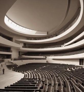 building interior with chandeliers and desks