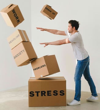 Man falling carton boxes with negative words