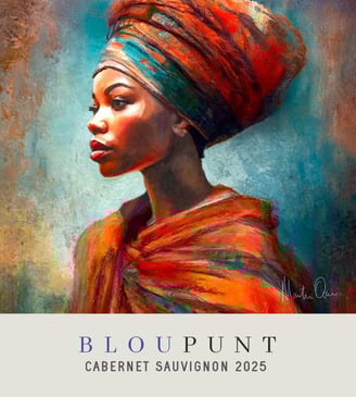 Thandiwe by Martin Osner featured on the 2025 Blou Punt Cabernet Sauvignon label – a vibrant portrait of an African woman