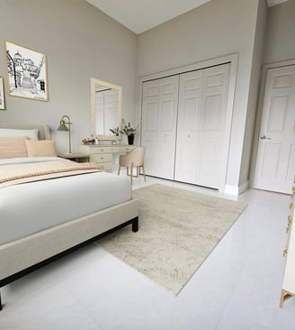 Digitally staged view of bedroom 2, queen size bed and make up vanity with chair