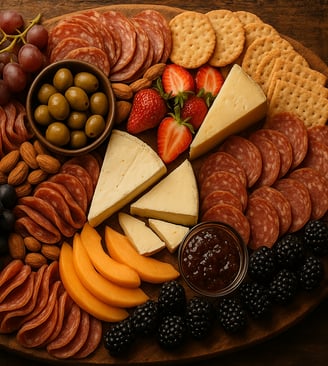 a platter of cheese and fruit on a wooden board