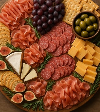 a platter of cheese and crackers on a wooden board