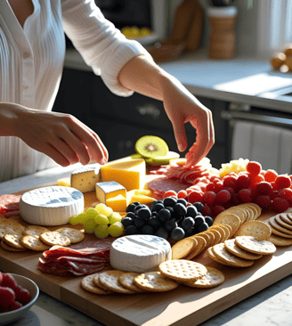 a woman is preparing to make a cheese board