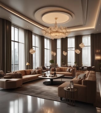a hotel room with a large window and a chandelier