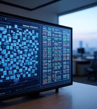 view from modern office with monitor displaying a complex visual