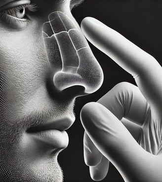 Man's nose being marked by gloved hands, preparing for cosmetic procedure.