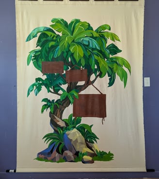 Large linen canvas tapestry mural of greens, browns, greys, blues and yellows.