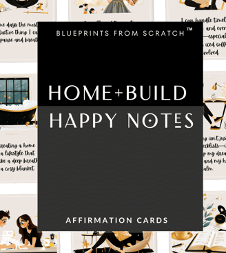 neutral colored illustrated cards with motivational messages for the home building journey