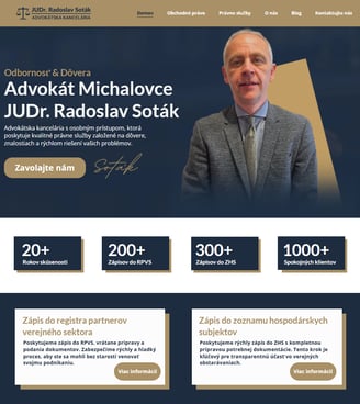 Náhľad webu advokátskej kancelárie JUDr. Radoslava Sotáka s dôrazom na právne služby.