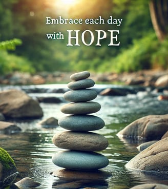 Zen stones stacked in a tranquil river with the caption 'Embrace each day with HOPE'.