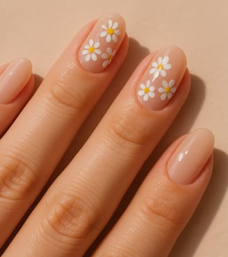 neutral beige base nails, tiny white and yellow daisies painted delicately across a few nails
