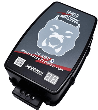 Hughes Autoformer PWD50-EPO RV surge protector 50 amp with EMS connected to a power post, essential 