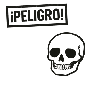 Icono de advertencia de la novela 'Cagada Pagada' con un sello de ¡PELIGRO! y una calavera, ilustran