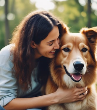 A young girl with long dark hair, wearing a heart-patterned shirt and sparkling cat ear headband, is leaning on a padded stool. Beside her sits a fluffy, tan-colored dog. Both the girl and the dog appear happy and relaxed, looking directly at the camera against a plain white background.