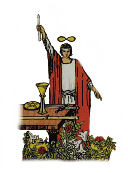 Tarot Magician Card pointng above in front of a table that hold the wand, sword, cup and pentacle.