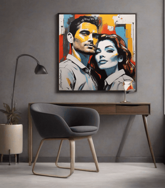 Sala aconchegante com pinturas de casais, trazendo calor e amor à decoração.