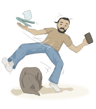 cartoon of a man tripping over something