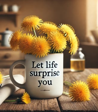 Mug with 'Let life surprise you' filled with dandelions on a wooden table, embodying optimism.