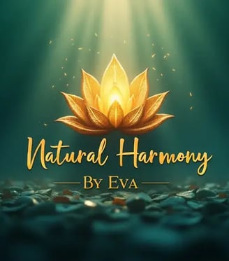 Natural Harmony by Eva logo with golden lotus and light rays, symbolizing balance and wellness.