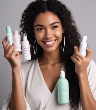 A collection of wellness products is displayed, including a brown glass dropper bottle with a blue label, jars with cream-colored labels, a small bowl with powder, and several capsules scattered on a light surface. Packaging with minimalist design features the brand 'beam' and labels such as 'clarity,' 'the fixer,' and 'revive.'