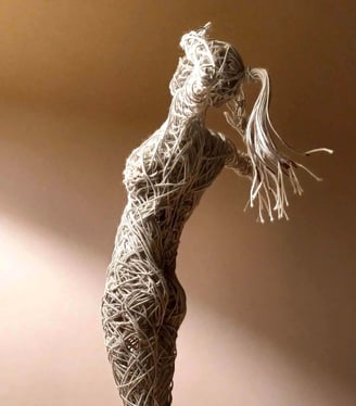 A cotton-covered wire sculpture of a standing female figure stretching with arms raised