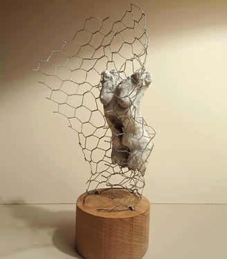 A clay female torso surrounded by wire netting, painted in neutral colours