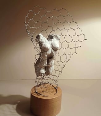 A clay female torso surrounded by wire netting, painted in neutral colours