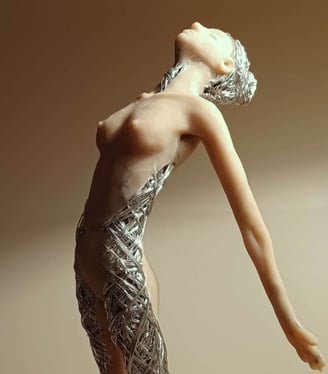 A detailed polymer clay and wire sculpture of a standing female figure, stretching with arms back