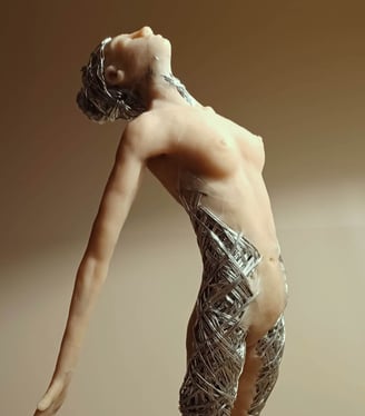 A detailed polymer clay and wire sculpture of a standing female figure, stretching with arms back