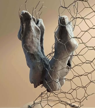 A sculpture of two female torsos, back to back, surrounded by wire netting, painted blue-greys