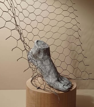 A sculpture of a single foot resting on toes, surrounded by wire netting, painted blue-greys