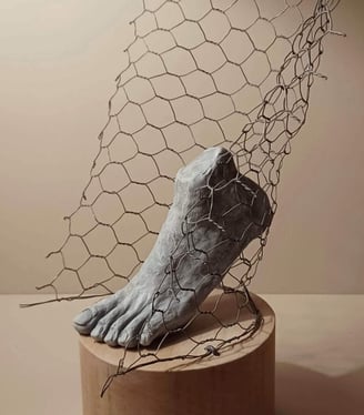 A sculpture of a single foot resting on toes, surrounded by wire netting, painted blue-greys