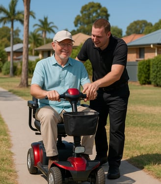 Friendly staff member providing scooter support for a customer outside their home