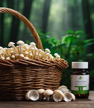 cesta de setas con hongos medicinales junto a a unos botes con capsulas de hongos
