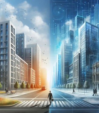 avenida de un lado edificios tradicionales, del otro edificios rodeados de datos digitales