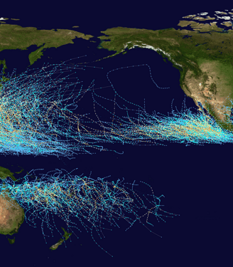 Global tropical cyclone tracks world map. Image from Wiki.