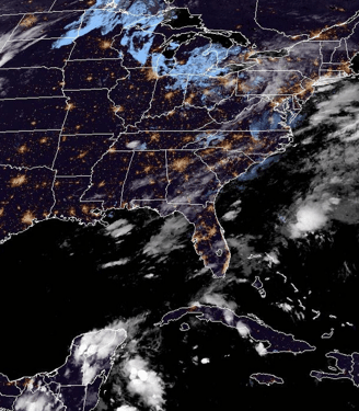 NOAA GeoColor satellite image over most of CONUS and portions of Caribbean and Mexico. At night shows city lights and clouds.